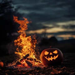 Naklejka premium Halloween bonfire gathering, friends sharing spooky tales, glowing flames illuminating faces, autumn leaves surrounding, creating a warm, festive atmosphere under a starry sky