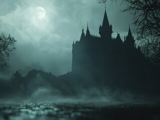 Eerie Castle Silhouette Under a Full Moon, Mysterious Fog