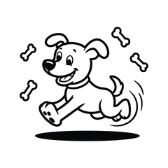 Cute Happy Dog Running with Bones – Cartoon Vector Illustration / Playful Dog Cartoon with Flying Bones – Fun Pet Illustration