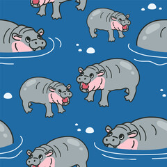 Pygmy hippopotamus seamless pattern background vector design. Cute hippos swimming