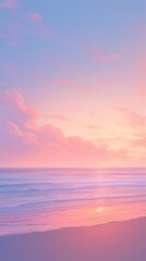 Fototapeta premium Serene pastel beach with calm waters reflecting a glowing sunset sky and soft sands glowing in the light