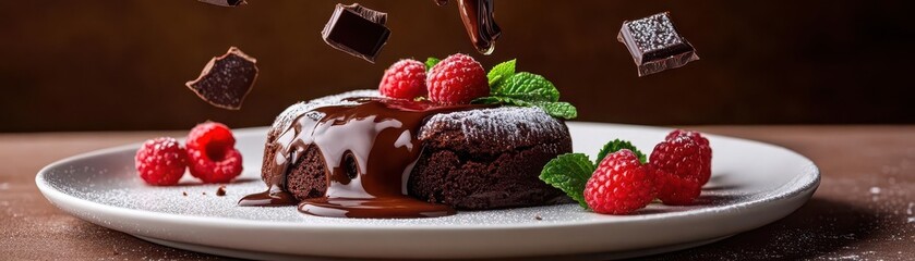 Delicious chocolate dessert topped with fresh raspberries and drizzled with rich chocolate sauce, perfect for sweet indulgence.