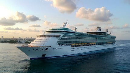 Fototapeta premium A Large Cruise Ship Sailing in Open Water with Blue Sky and White Clouds