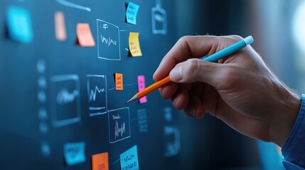 Hand Drawing Flowchart on Whiteboard with Colored Sticky Notes