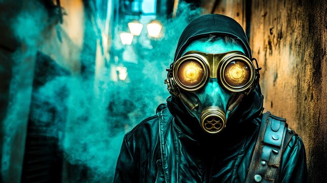 A mysterious figure in a gas mask stands in a foggy alley, creating an eerie and intriguing atmosphere.