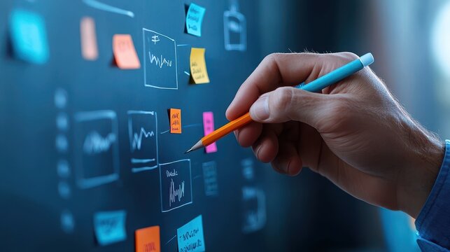Hand Drawing Flowchart on Whiteboard with Colored Sticky Notes