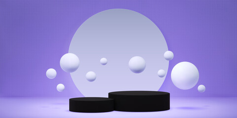 Minimalistic cylindrical purple 3D podium. Abstract studio with geometric platform and flying spheres. Studio for cosmetic products presentation. Vector background 3D render