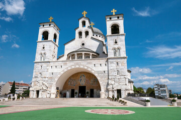 Obraz premium Podgorica, Montenegro, August 5, 2024. Facade of the Cathedral of the Resurrection of Christ.