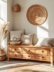 Natural Wooden Chest of Drawers with Woven Baskets and Pampas Grass