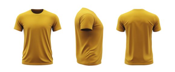Yellow men's classic T-shirt front, side and back view. Png, transparent background.