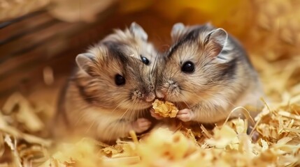 Two Hamsters Sharing a Treat in Their Cozy Habitat