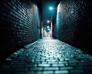 A dark alleyway in the city, the silence broken only by the faint hum of distant traffic city alleyway, night, silence