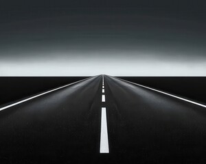 A long stretch of highway with no vehicles, illuminated by the faint glow of the moon, in complete silence highway, dark road, night silence