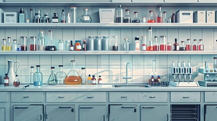 A laboratory setting with shelves filled with glass beakers and bottles.