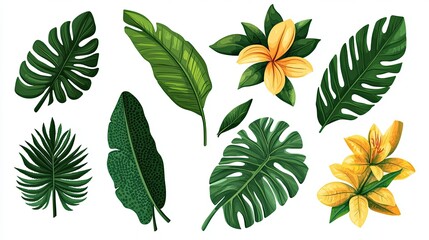 A collection of eight tropical leaves and two yellow flowers isolated on a white background.