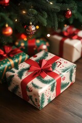 Presents wrapped in festive paper under Christmas tree, holiday gift decor,