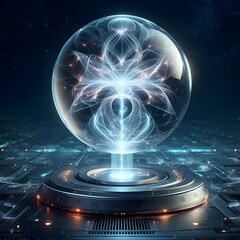 Glowing Futuristic Energy Sphere with Intricate Light Pattern on a High-Tech Platform