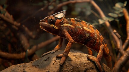 Hyper-realistic 4K image of a dark burnt orange chameleon smoothly blending into its background, showcasing natural camouflage and adaptability in stunning detail.

