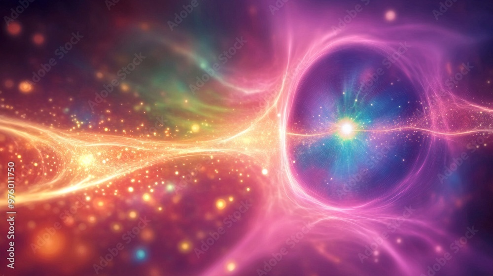 Poster visual representation of quantum entanglement illustrating interconnected particles in a dynamic cos