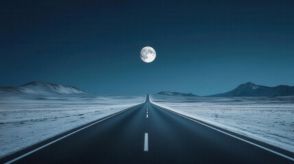 A long road with no traffic, the moon high in the sky casting a faint glow on the empty asphalt long road, night, silence