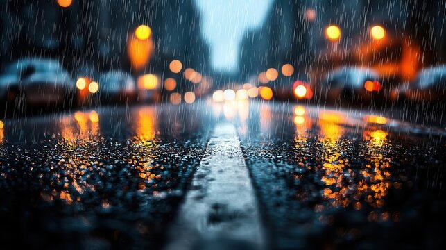 A quiet urban street at night, the dark road slick with rain, with only the sound of raindrops breaking the silence urban street, dark road, night silence