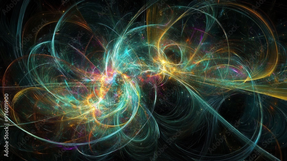 Poster exploration of multidimensional strings and theoretical physics concepts illuminated by vibrant colo