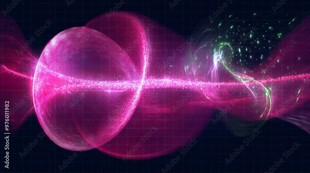 Poster illustration of quantum tunneling demonstrating particle behavior in a wave-like structure and energ