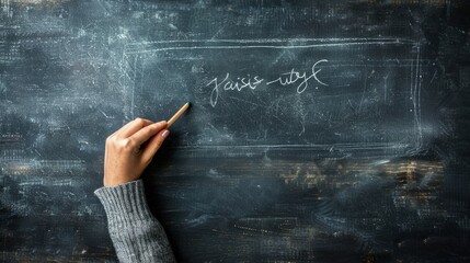 A person is writing on a chalkboard with a pencil