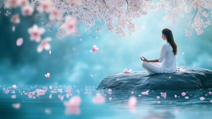 Woman meditating in lotus position on a rock surrounded by water, with floating petals and blooming sakura tree above, concept of tranquility, nature, and mindfulness.