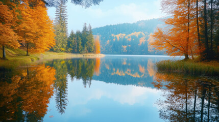 Fototapeta premium Colorful autumn landscape, Nature background, Lake reflecting sky in autumn, generative ai