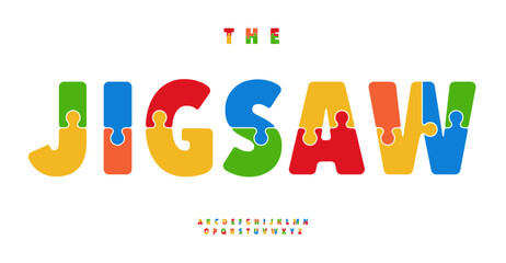 Jigsaw puzzle alphabet, colorful playful letters, bold kid font for toys and learning, vibrant headline design, child educational typeface for table game logotype. Vector typeset.