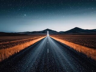 Naklejka premium A straight road through the desert, disappearing into the night, the stars providing the only illumination in the silence desert road, night, silence