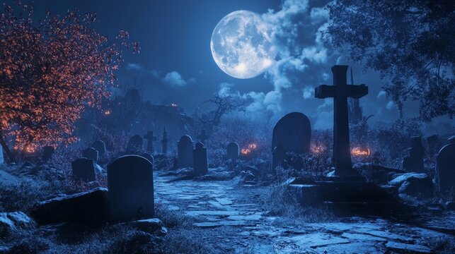 Eerie graveyard scene adorned with haunting decorations, illuminated by the glow of a full moon, creating an atmosphere of mystery and spookiness for Halloween festivities