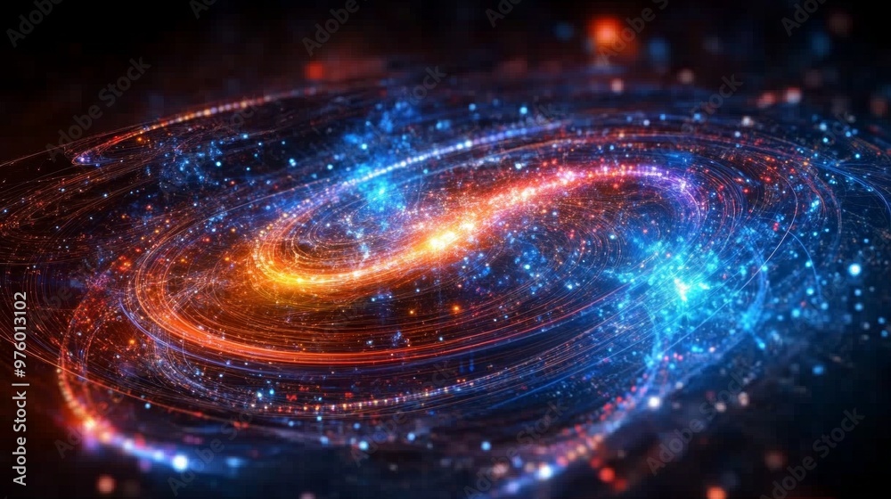 Poster exploring wave-particle duality in quantum mechanics through vivid visualizations of cosmic phenomen