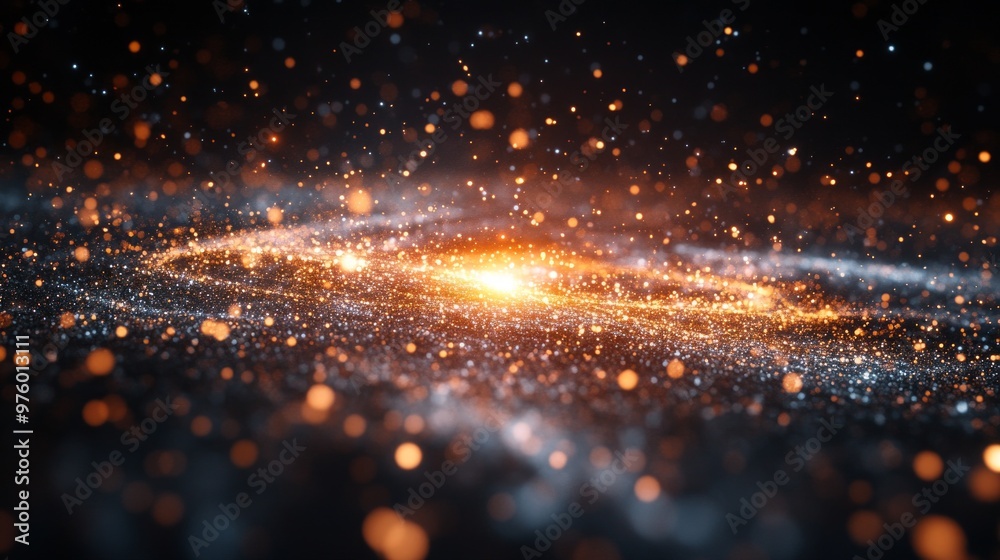 Poster visualizing quantum mechanics and superposition with vibrant cosmic elements in a dark space environ