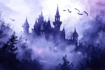 Mystical Castle Silhouette in the Fog - Halloween Fantasy Art.