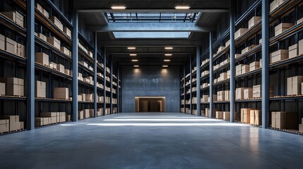 Obraz premium An empty warehouse with large shelves, stacked with boxes, and a large skylight overhead, providing natural light.