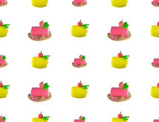 seamless background Plasticine Pink Strawberry Cream and yellow Cake Roll. Sweet Delicious Desser t on white Background.