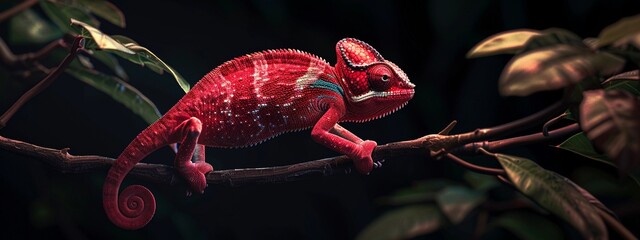 Hyper-realistic 4K image of a dark crimson red chameleon with subtle accents, showcasing intricate textures and lifelike details of the reptile.
