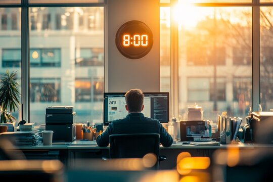 Discipline and punctual employee start his work at sharp 8 o'clock in the morning.