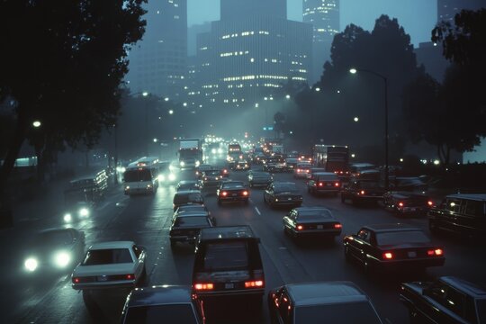 A congested road in a city with haze and low visibility. The image is to tell about vehicle carbon emission and air pollution.