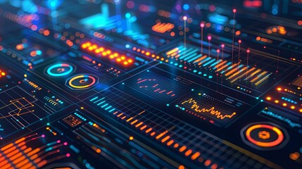 Obraz premium Abstract Futuristic Technology Interface with Glowing Lights and Data Visualizations