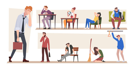 Lazy people. Overworked sleepy tired characters exact vector concept illustrations with tired persons