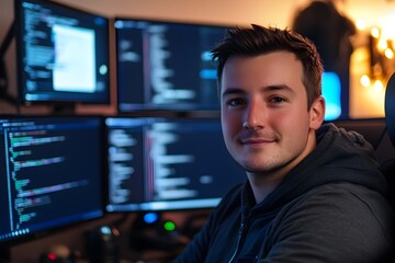 Fototapeta premium Software Developer s Tech Savvy Profile Photo Showcasing Programming Expertise and Innovation
