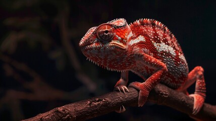 Hyper-realistic 4K image of a dark crimson red chameleon with subtle accents, showcasing intricate textures and lifelike details of the reptile.

