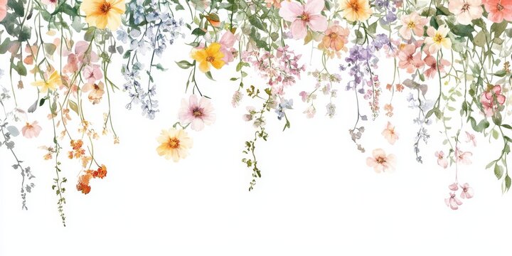This vibrant watercolor floral arrangement on a white background is ideal for interior decor or as wallpaper, effortlessly bringing nature indoors and enhancing any space with charm and beauty
