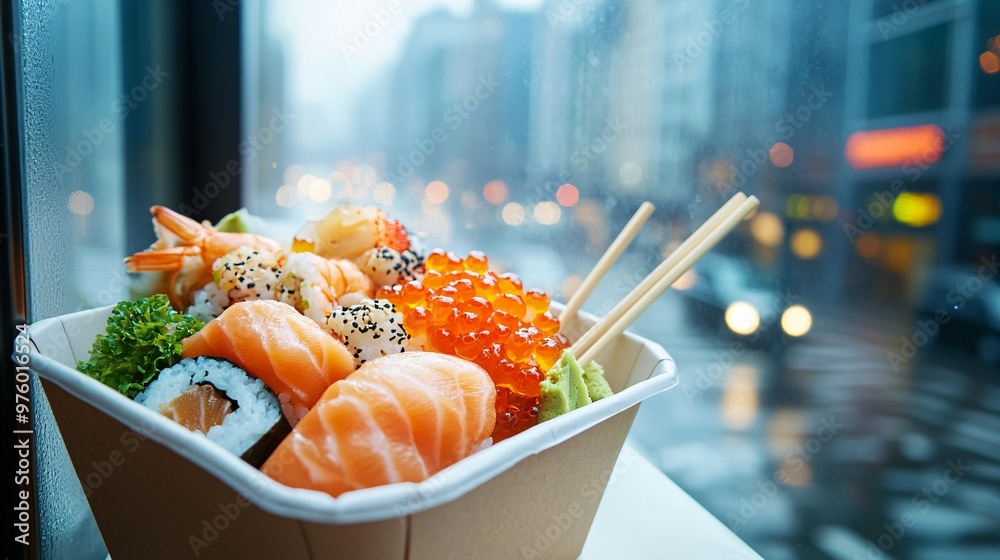 Poster a takeaway box filled with fresh sushi and chopsticks placed on a doorstep for delivery, with the ci