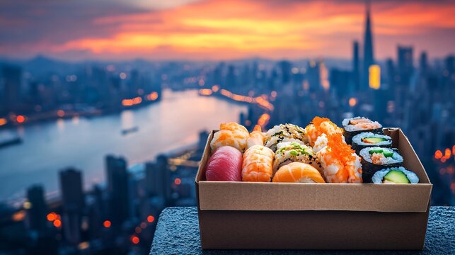 A takeaway box filled with fresh sushi and chopsticks placed on a doorstep for delivery, with the cityscape in the background. The image captures the trend of fresh food delivery in urban