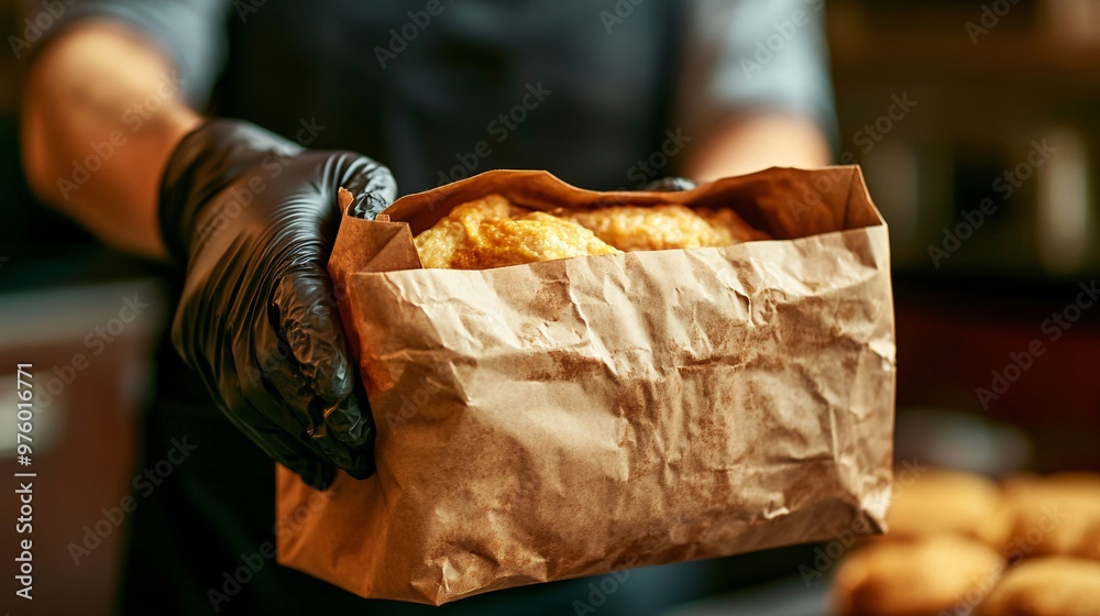 Poster a close-up shot of a gloved hand handing over a paper bag filled with freshly prepared food. the ima