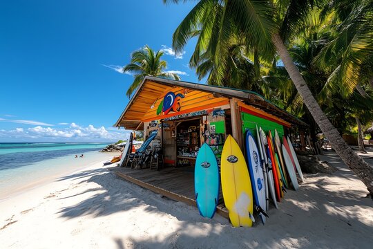 A wooden beach shack selling surfboards and snorkel gear, painted in bright colors and nestled among the palm trees